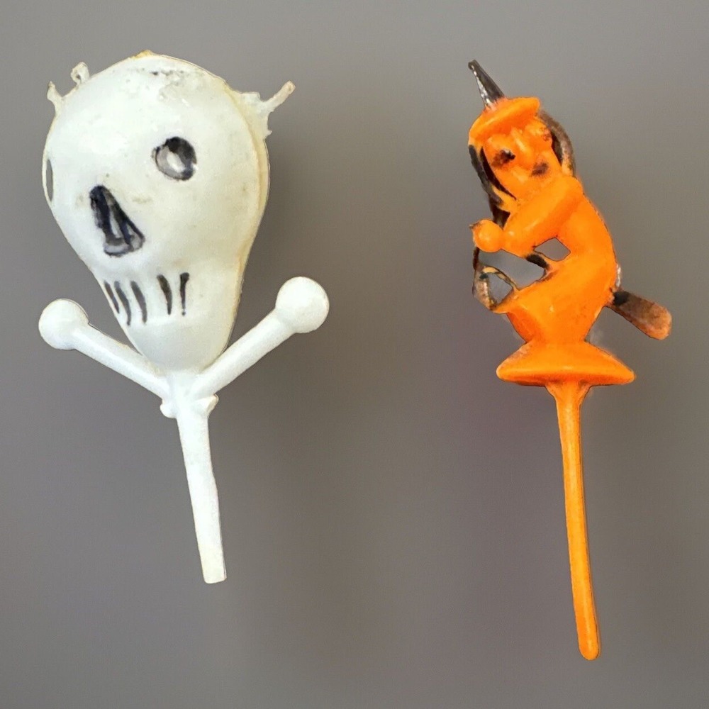 Vintage Halloween Cake Toppers Skeleton Witch Hard Plastic Cupcake Picks